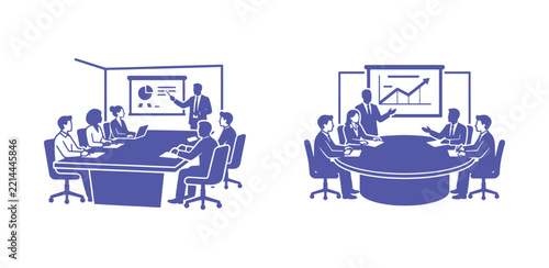 Two purple showing business meetings with a presenter standing by a screen displaying charts and graphs on a white background