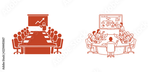 Two red line of business meetings with a presenter at a board and a team collaborating at a table on white background