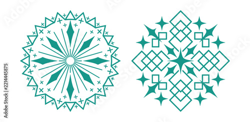 Two teal circular geometric patterns with intricate star and diamond shapes, symmetrical mandala style on white background