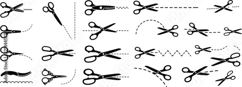 Black scissor cut line dash paper stationery tool icon design set