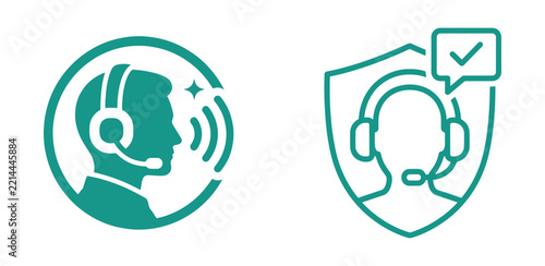 Two teal of a customer service representative and a support agent with a shield, isolated on a white background, for business help