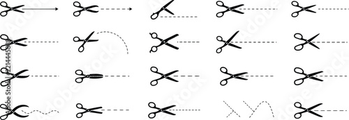 Black scissor cut line dash paper stationery tool icon design set