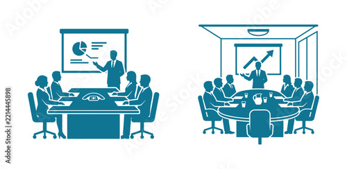 Two teal showing business meetings with people sitting around tables and a presenter showing charts on a white background