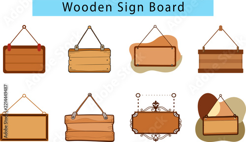 Wooden sign board vector art collection with blank hanging plaques and notice boards
