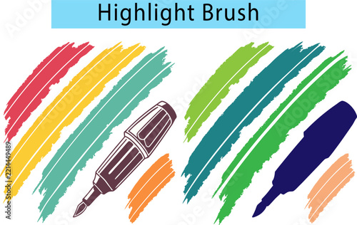 Highlighter brush vector set with colorful marker strokes and pen graphic elements