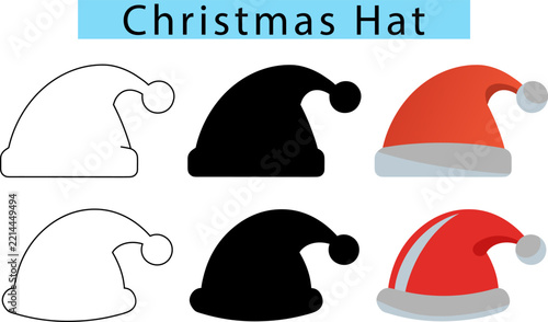 Santa Claus hat vector art set with silhouette, outline, and color styles
