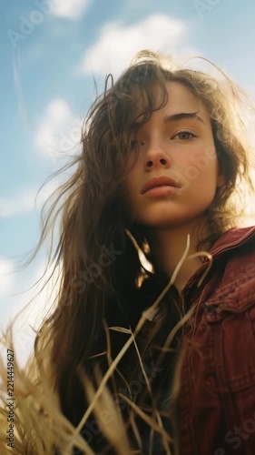 Portrait of a young woman with windblown hair in a sunlit field