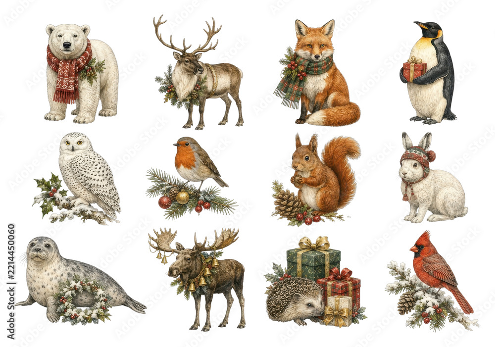 Fototapeta premium Winter wildlife illustrations: bear, deer, fox, penguin and more, PNG, transparent background.