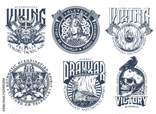 Viking-themed emblems in vintage ink style
