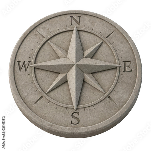 Stone Carved Compass Rose Medallion Isolated on White Background