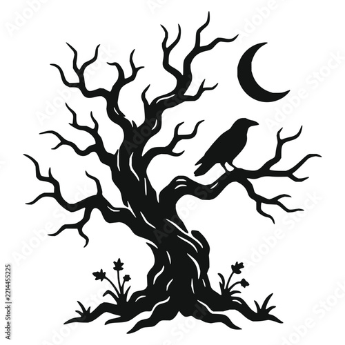  Spooky dead tree with a crow and moon vector illustration   