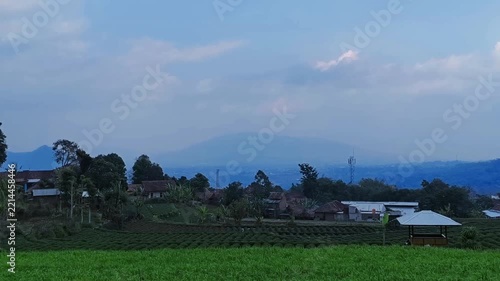 Scenic Mountain Village with Green Tea Plantation and Hazy Mountain Background