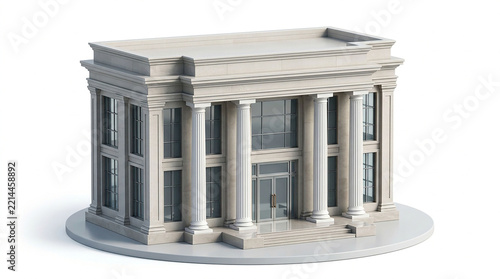 A miniature neoclassical bank building icon with white columns isolated on a white background with dimensional model neoclassical small three dimensional