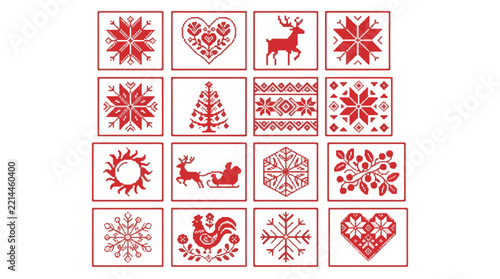 Red Pixel Art Folk Motifs on Transparent Background Digital Design Elements
