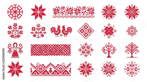 Red Traditional Folk Ornaments Collection with Geometric Stars and Holiday Winter Symbols