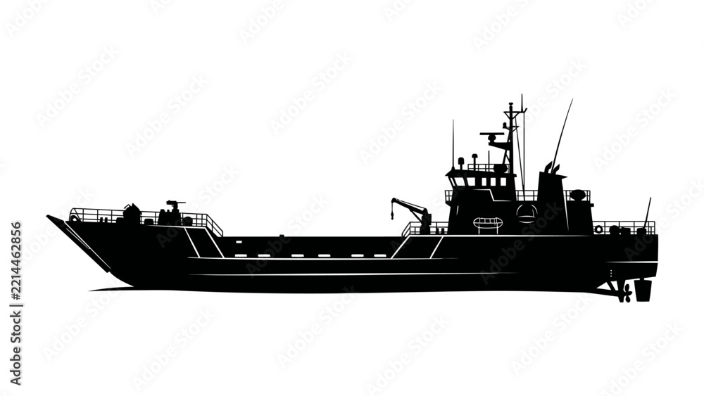 Fototapeta premium Silhouette of a Landing Craft: A striking black silhouette of a versatile landing craft, showcasing its robust design and amphibious capabilities, poised for maritime operations.