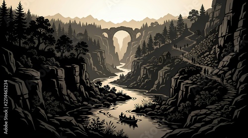 Majestic River Canyon with Natural Arch Bridge Landscape.