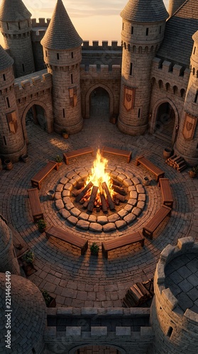 Medieval Castle Fortress with Central Fire Pit and Towered Walls.