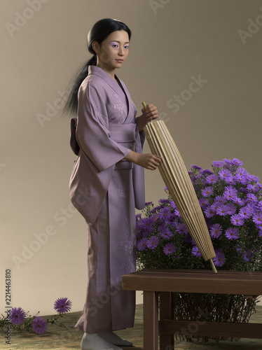 Illustration of a woman in a lavender kimono holding a closed parasol beside blooming purple flowers
