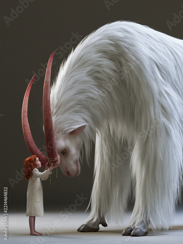 Surreal illustration of a tiny red-haired woman touching the horn of a giant white fantasy creature!