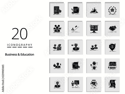 20 black and white business and education icons, vector iconography set, minimal flat symbols for corporate web design and presentations