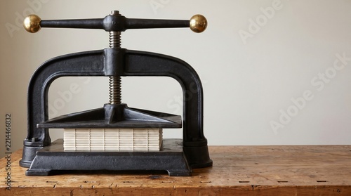 Heavy cast iron standing bookbinding nipping press clamping linen bound book signatures with Acme screw and brass flywheel balls on hornbeam workbench for rare antique library archive bindery