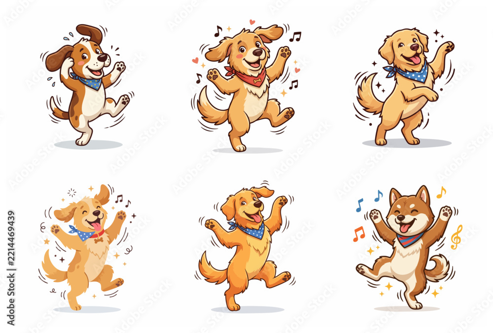 Fototapeta premium Collection of Cute Dancing Dogs Cartoon Character Illustrations, Happy Puppies with Bandanas Dancing to Music, Musical Canine Set Isolated on White