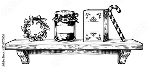 Wooden shelf with festive wreath jam jar and candy cane in vintage engraving style