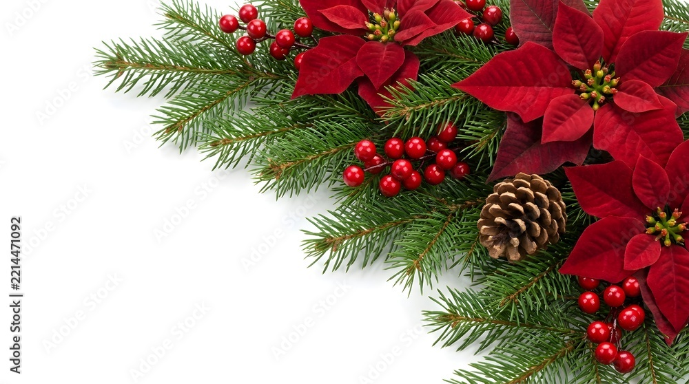 Fototapeta premium Christmas corner arrangement with red poinsettia flowers, pine branches, pinecones, and berries isolated on white background