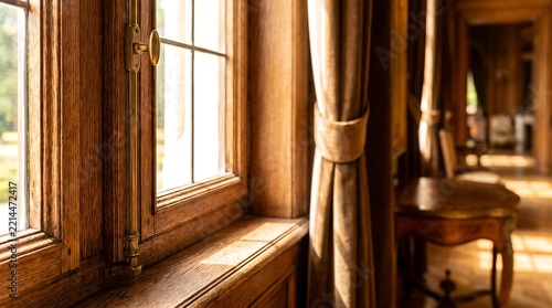 Warm Sunlight Streams Through a Vintage Wooden Window and Curtains.