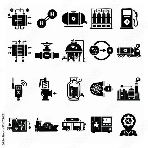 Hydrogen Energy and Fuel Cell Icon Set Clean Technology and Renewable Power Symbols
