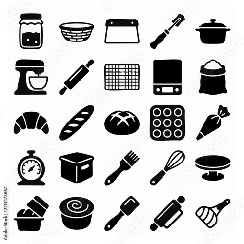 Bakery and Pastry Icons Set Kitchen Utensils Baking Tools and Bread
