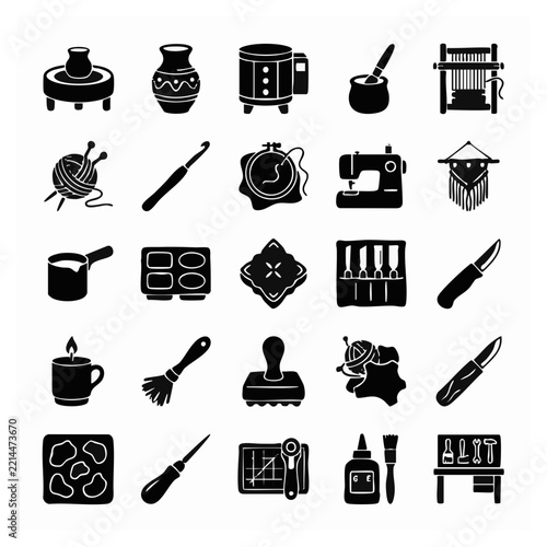 Set of Crafting and Handiwork Glyph Icons Describing Artisanal Hobby Skills