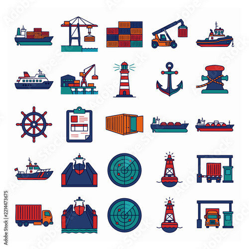 Set of Flat Design Icons for Maritime Transport Shipping Logistics and Port Operations
