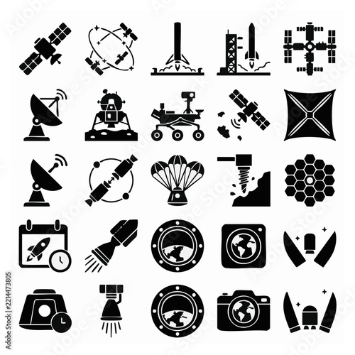 Set of Space and Astronomy Icons in Black and White Flat Style