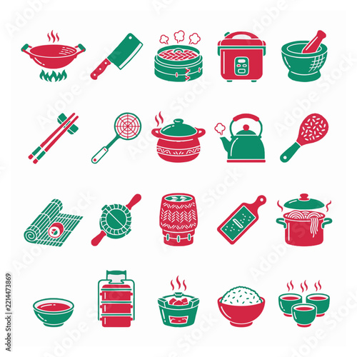 Asian Cuisine Cooking Utensils and Kitchenware Icon Set