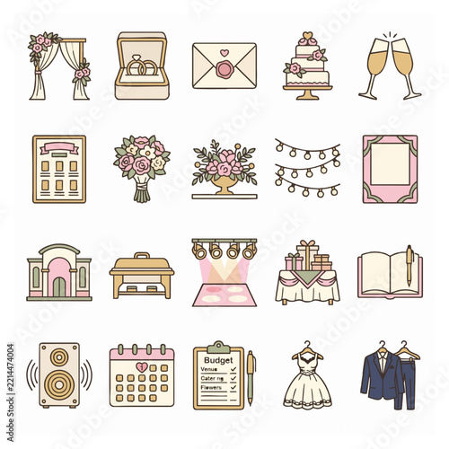 Set of wedding planning and ceremony thin line icons including rings dress cake and venue
