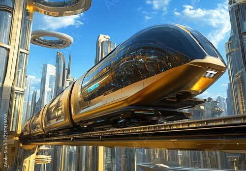 Futuristic High Speed Train On Elevated Track Above Modern Cityscape
