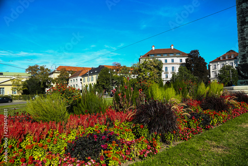 Colorful Autumn Flower Beds at Karolinenplatz in Munich, Germany