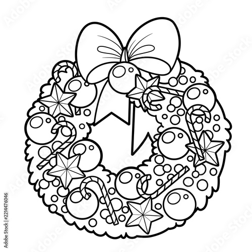 Christmas wreath with balls and red holly candy outlined for coloring page isolated on a white background
