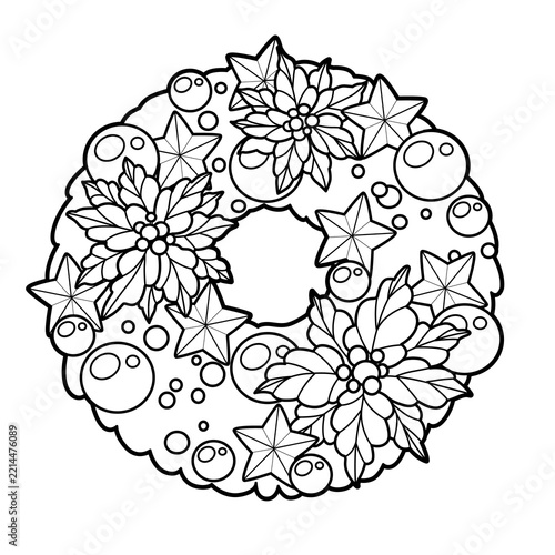 Christmas wreath with balls and red holly candy  outlined for coloring page isolated on a white background