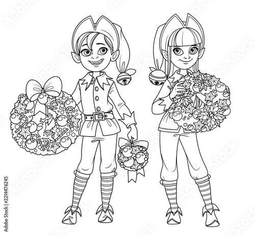 Cute teen boy and girl in costumes elf holding christmas wreath outlined for coloring page