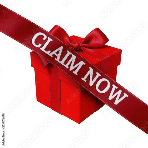 Red gift box with claim now ribbon on white