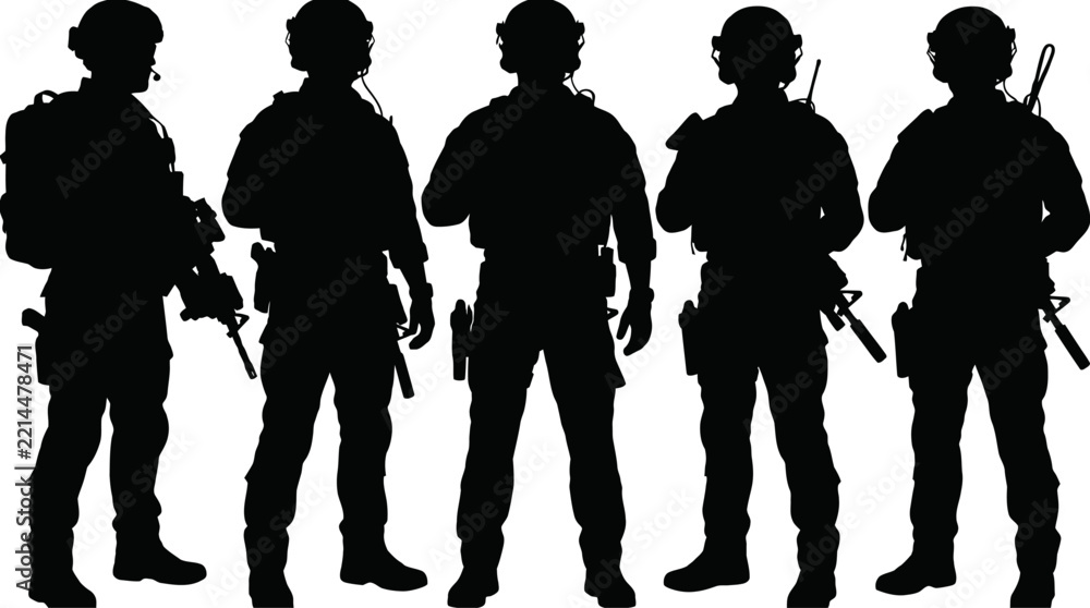 Fototapeta premium Black silhouette of a squad of military soldiers standing in a row isolated on white background