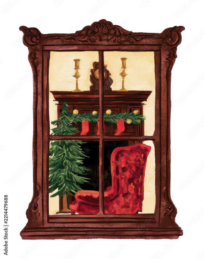 Fototapeta premium PNG Vintage Christmas window illustration with tree, stockings, candles