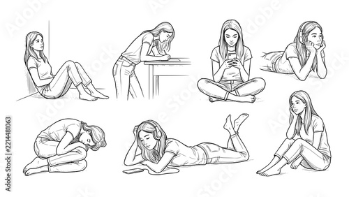 Set of hand-drawn sketches showing various activities of a young woman at home with lying down