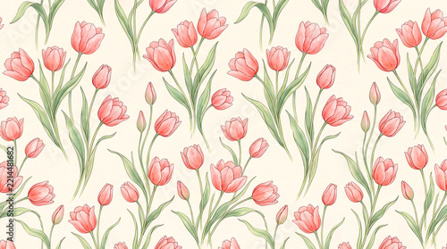Seamless pattern of delicate pink tulips on cream background