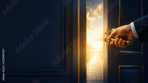 Deal closure illustration door opening toward sunlight