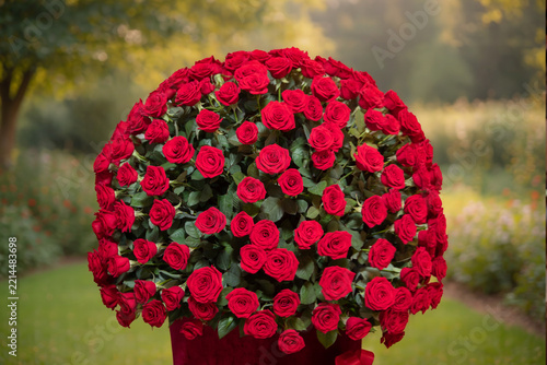 A stunning floral centerpiece decorating an elegant restaurant interior for a event. Huge arrangement of luxury red roses assembled in a large round spherical bouquet for an anniversary celebration.