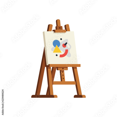 Wooden easel with abstract geometric painting on white canvas flat vector illustration